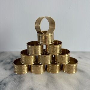 Vintage Set of 11 Matching Brass Napkin Rings Hammered Round Dining Hosting Gold